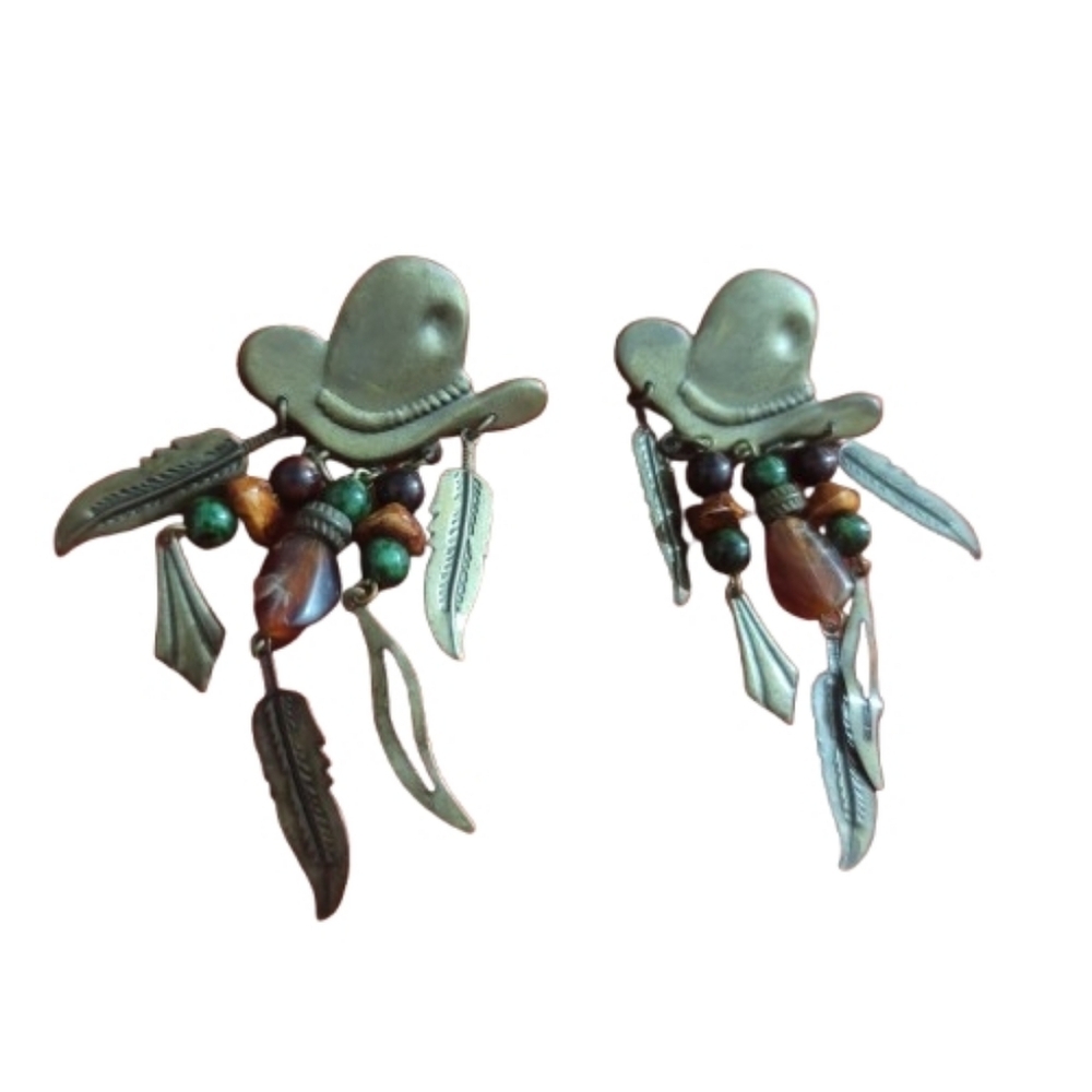 Western Style Cowboy Hat Earrings Beads Fearher Charms Rodeo